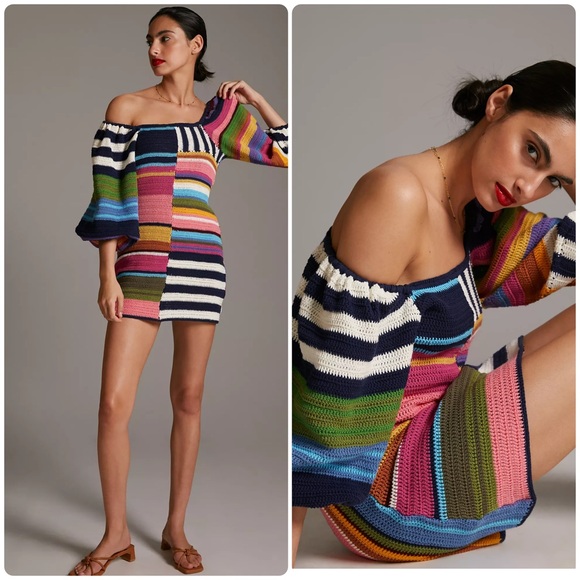FARM Rio Dresses & Skirts - Farm Rio Mixed Stripes Crochet Knit Mini Dress – XL – NWT – Anthropologie